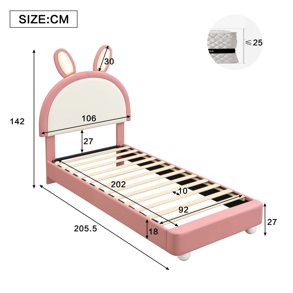 LETTO imbottito 90x200 cm in PU Rosa con testiera a forma di coniglio e LED