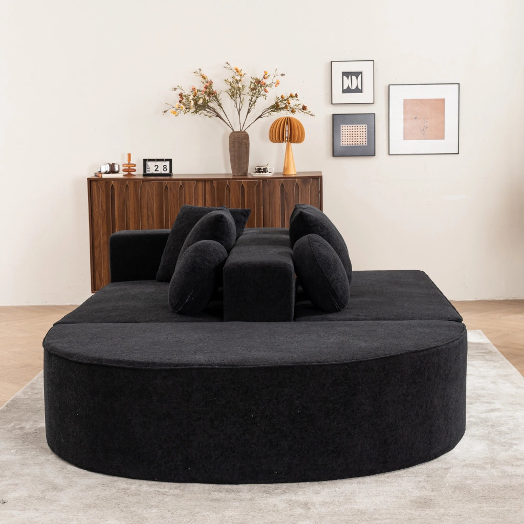 Divano modulare convertibile con 4 cuscini, 2 cuscini rotondi e braccioli, in Chenille, Nero, 263 × 171 × 66 cm
