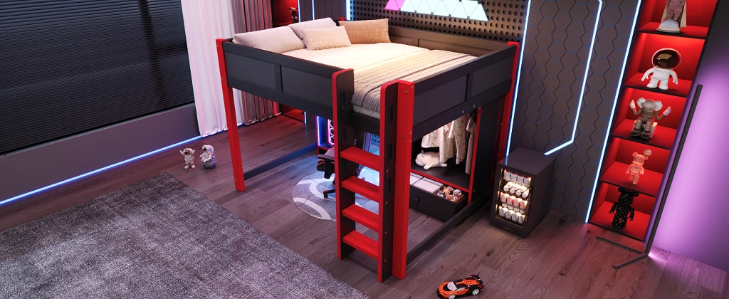DESMIU Lit mezzanine 140 × 200 cm 1 posto con scrivania, armadio, LED, senza materasso, in legno, nero e rosso