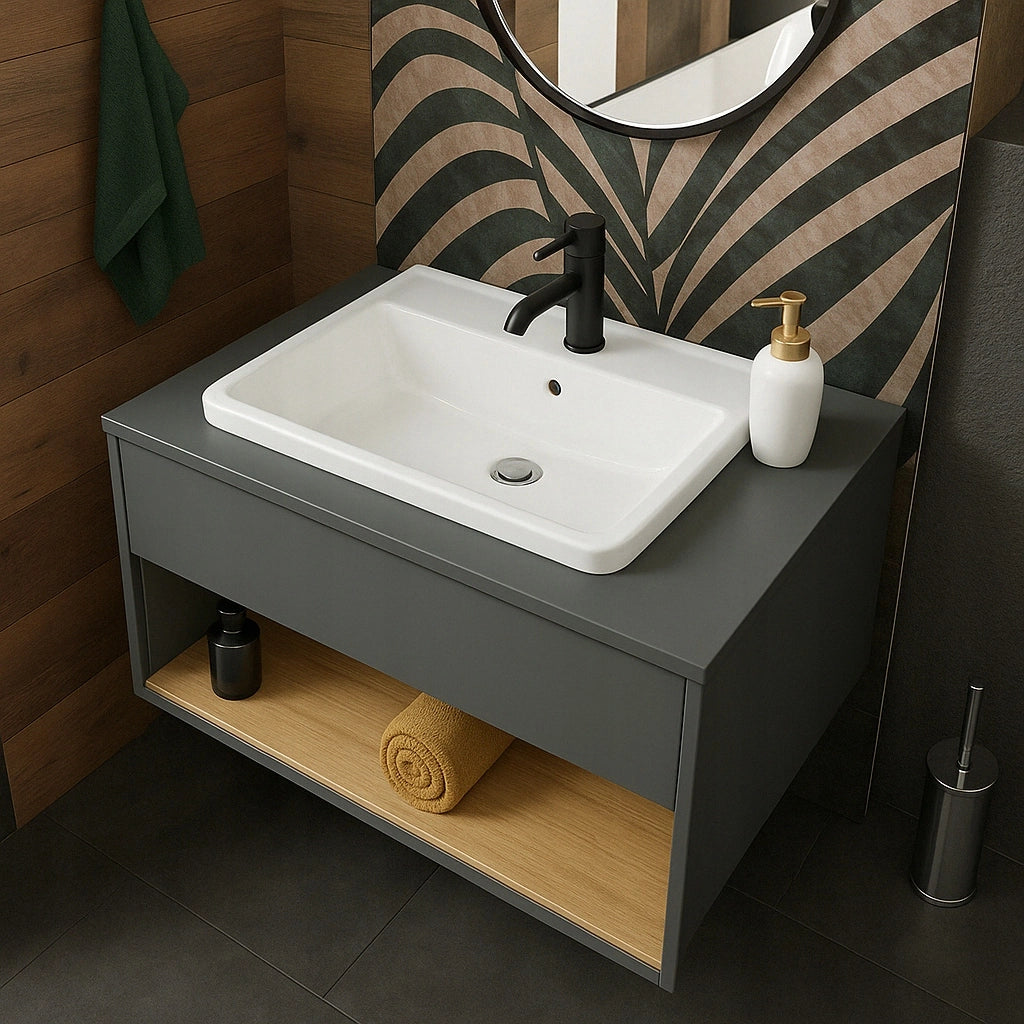 LAVABO IN CERAMICA BIANCO DA INCASSO NEL PIANO DI LAVORO RETTANGOLARE 52 x 41 CM