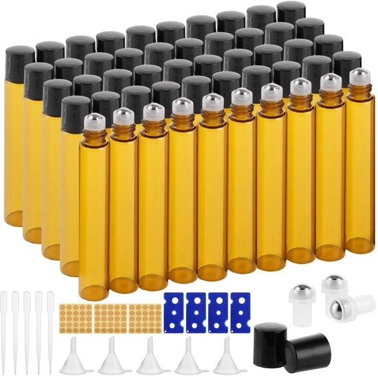 Flessa rotolante per 50 pezzi - Flessa in vetro - 10 ml - Rotolatore in acciaio inossidabile - Colore ambra - Per oli essenziali - Flessa per oli essenziali