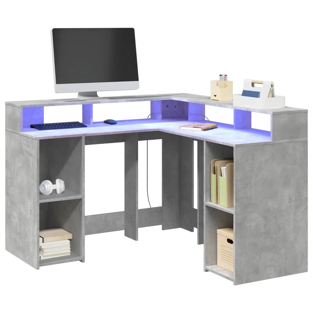 Scrivania | Tavolo da Ufficio con Luci LED Grigio Cemento 130x130x91 cm Multistrato