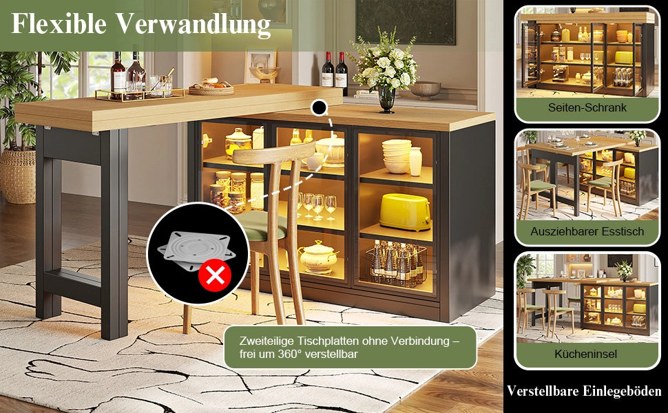 Tavolo allungabile con mobile laterale, LED e piano girevole a 360° per cucina, in MDF e vetro, nero, 120 × 40 × 72 cm