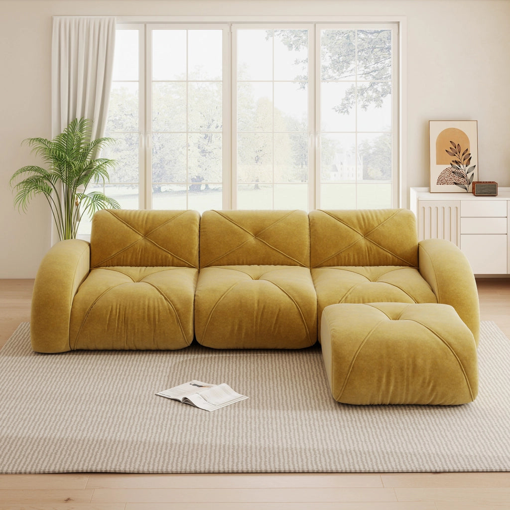 Divano modulare a L con pouf - in chenille con schiuma 32D e base antiscivolo - giallo
