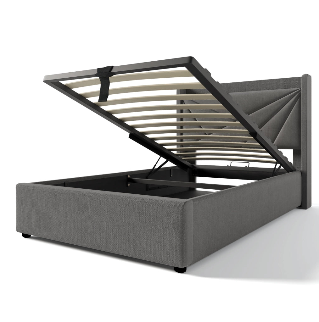 Letto singolo con contenitore 90x200 cm in cotone e lino grigio; con USB e USB-C