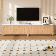 Mobile TV, mobile da ingresso, ante con rilievi curvi, gambe di sostegno in metallo, colore legno naturale