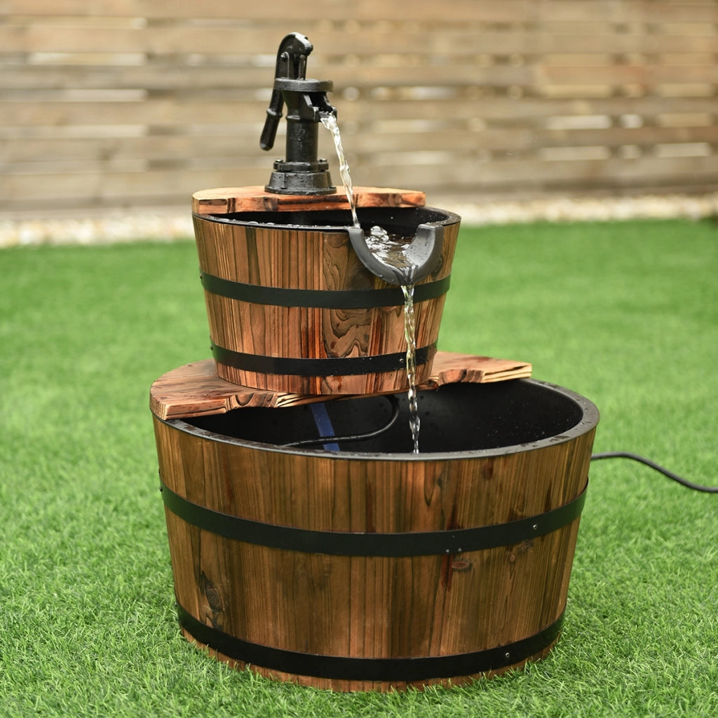 Fontana in legno di abete con 2 livelli e pompa, Flusso dell¡¯acqua regolabile per decorazione-Decorazioni da giardino