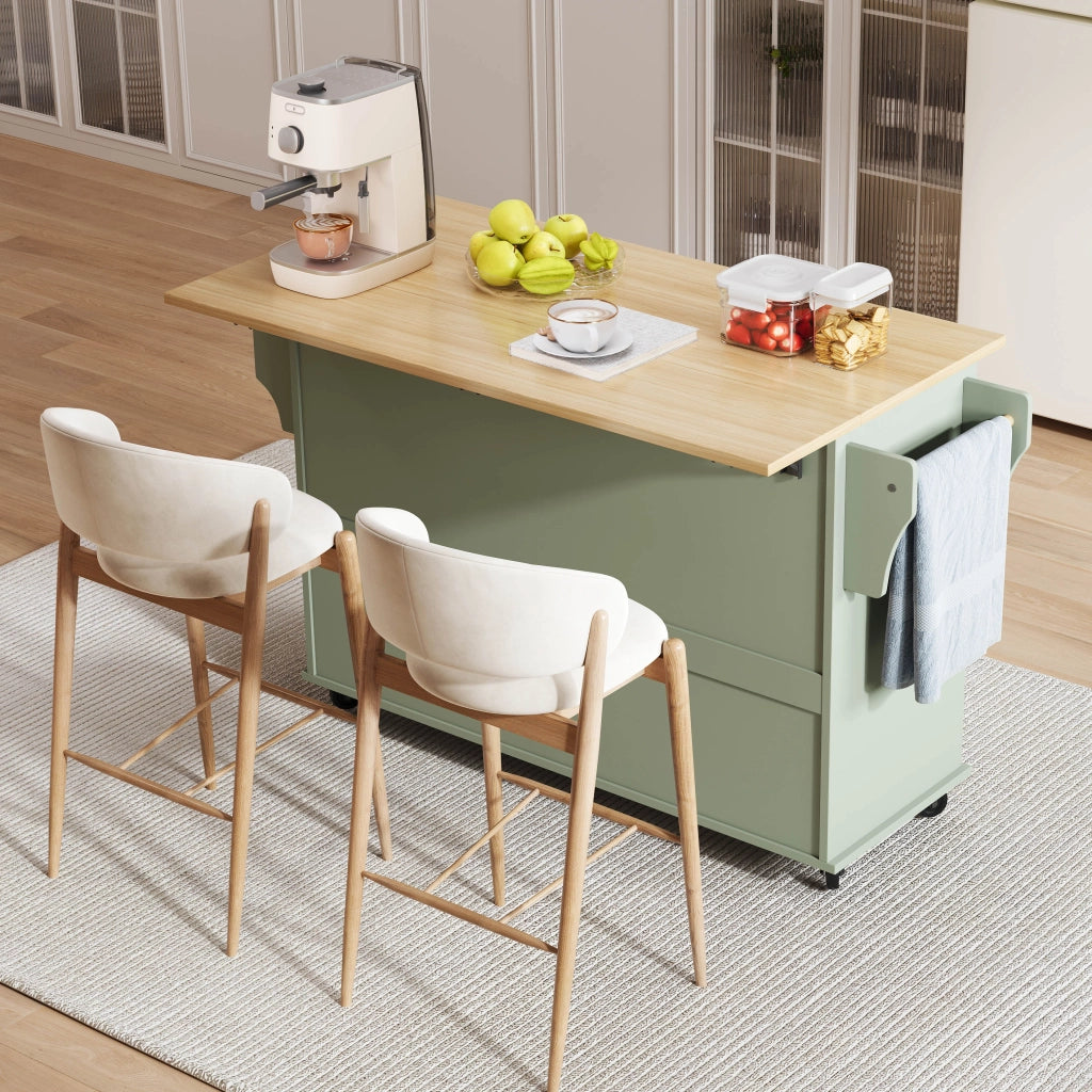 Carrello da cucina con piano estraibile; 2 ante e 2 cassetti con porta bottiglie; in MDF; verde antico; 138×70×92 cm