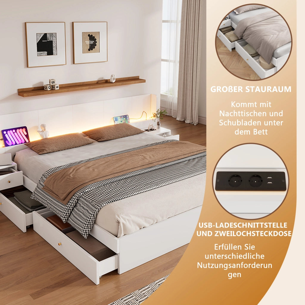LETTO Matrimoniale 180x200 cm MDF Bianco con USB, LED, 2 comodini e cassetti