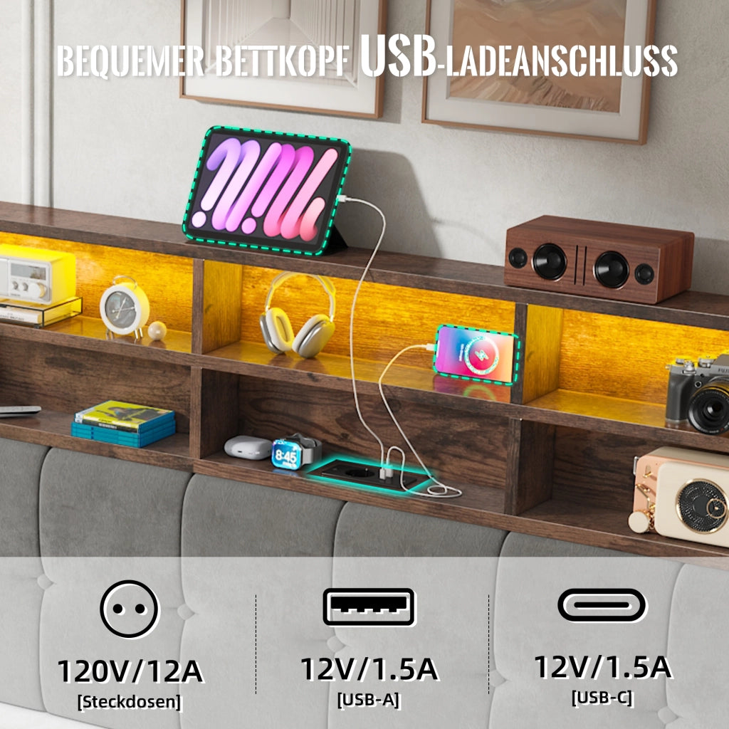 DESMIU Letto contenitore 160 × 200 cm 2 posti con USB-C, LED, 6 scomparti, senza materasso, in velluto grigio scuro