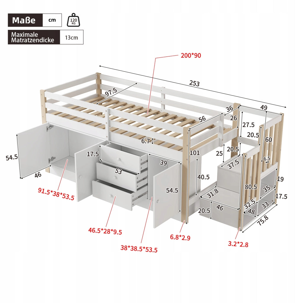Letto a castello 90x200 - Xylo - Bianco con ripostigli e lenzuolo