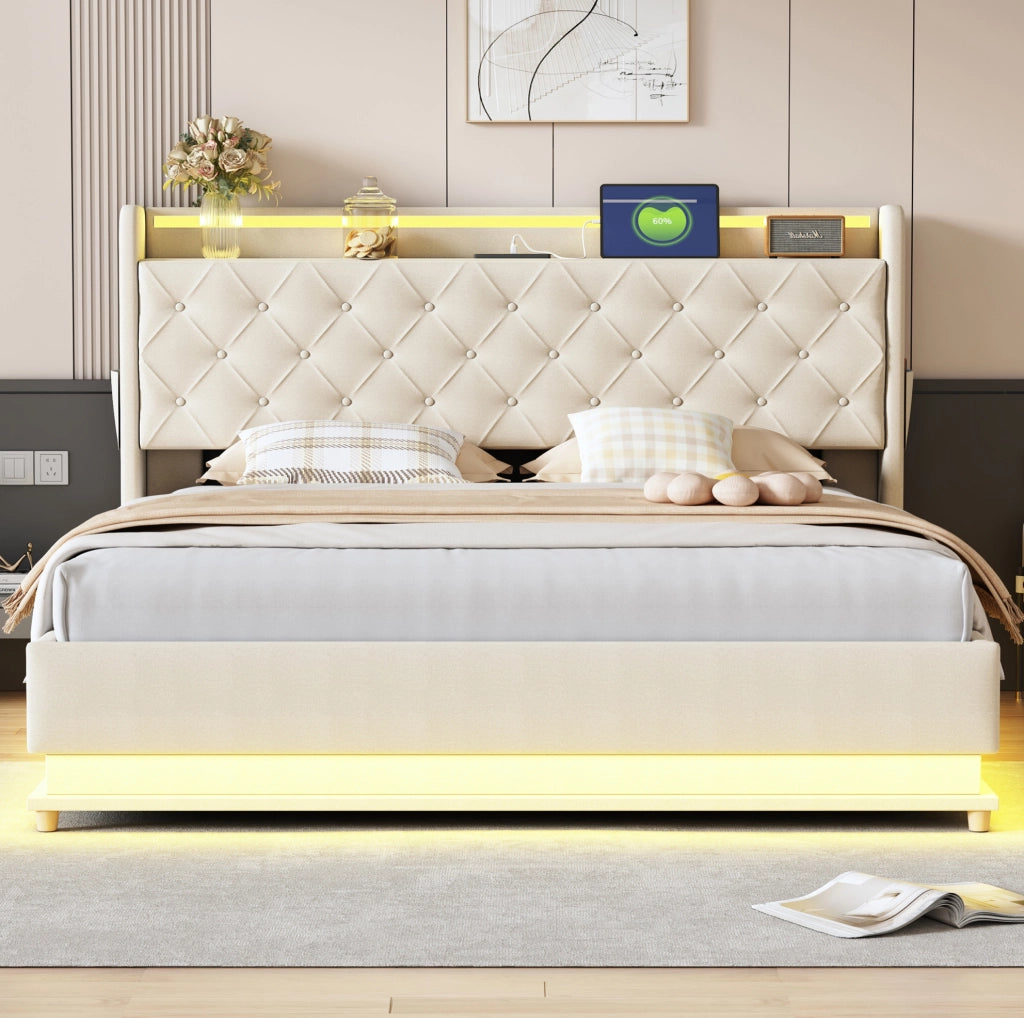 Letto imbottito 160x200 cm con LED, USB e contenitore idraulico
