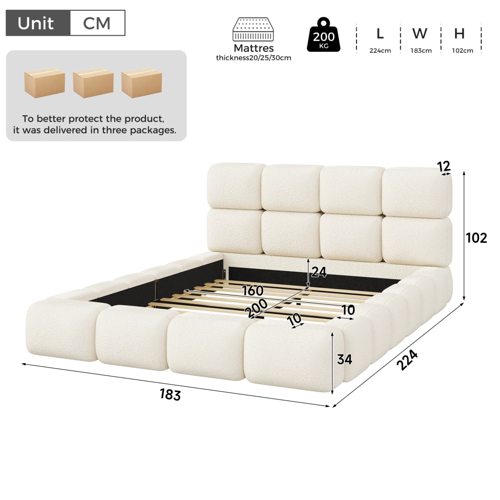 letto imbottito bouclé bianco 224 x 183 cm
