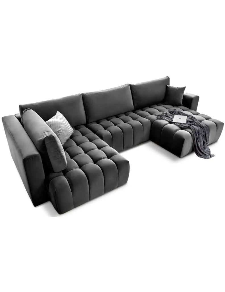 Divano ad angolo BONITA convertibile 6 posti grigio scuro tessuto – lato destro – 350x175cm