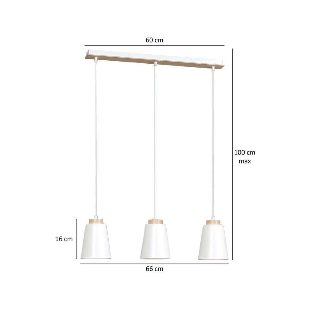 Lampadario 3 Luci Lancillotto Con Paralumi A Cono In Acciaio Bianco E Legno Naturale