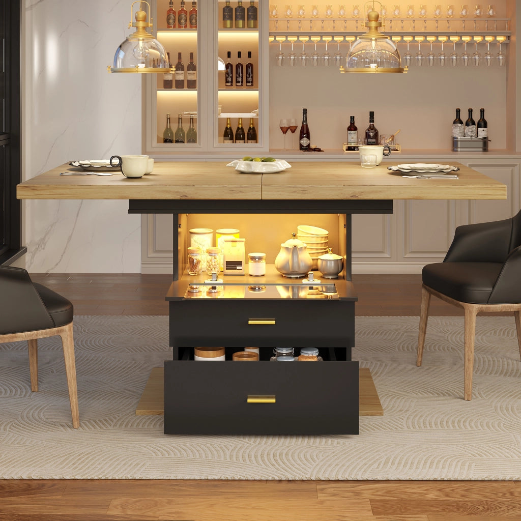 Tavolo da pranzo allungabile 110-140 x 80 x 75 cm con LED, 2 cassetti, MDF e metallo