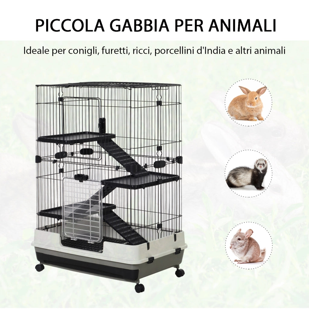 Gabbia a 3 Piani in Metallo con Vassoio per Roditori, Conigli e Furetti con 4 Ruote, 81.2x52.7x114cm, Nera