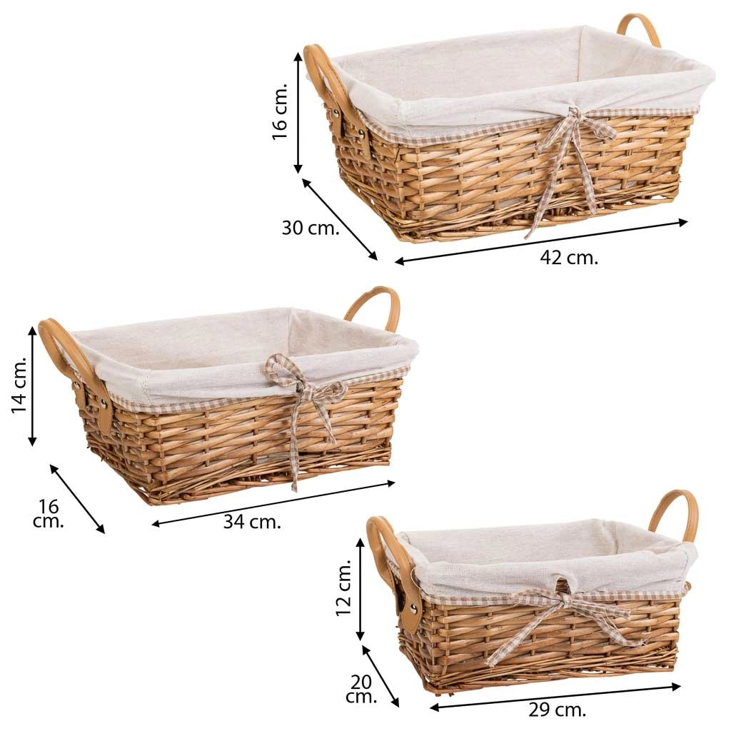 Set di 3 cestini in vimini foderati marroni