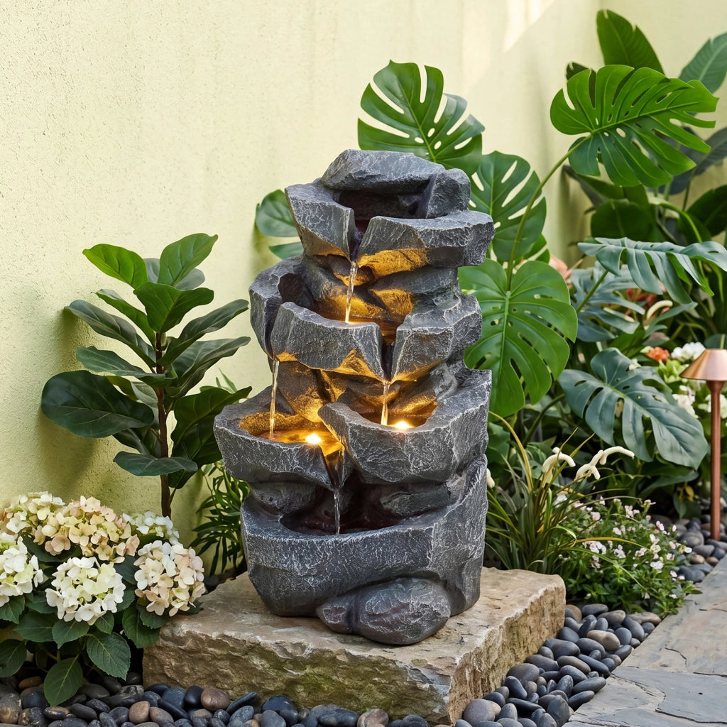 Fontana da giardino a 5 Livelli con effetto di pietra a forma di roccia, Fontanella elettrica in resina con luci e flusso d'acqua regolabile