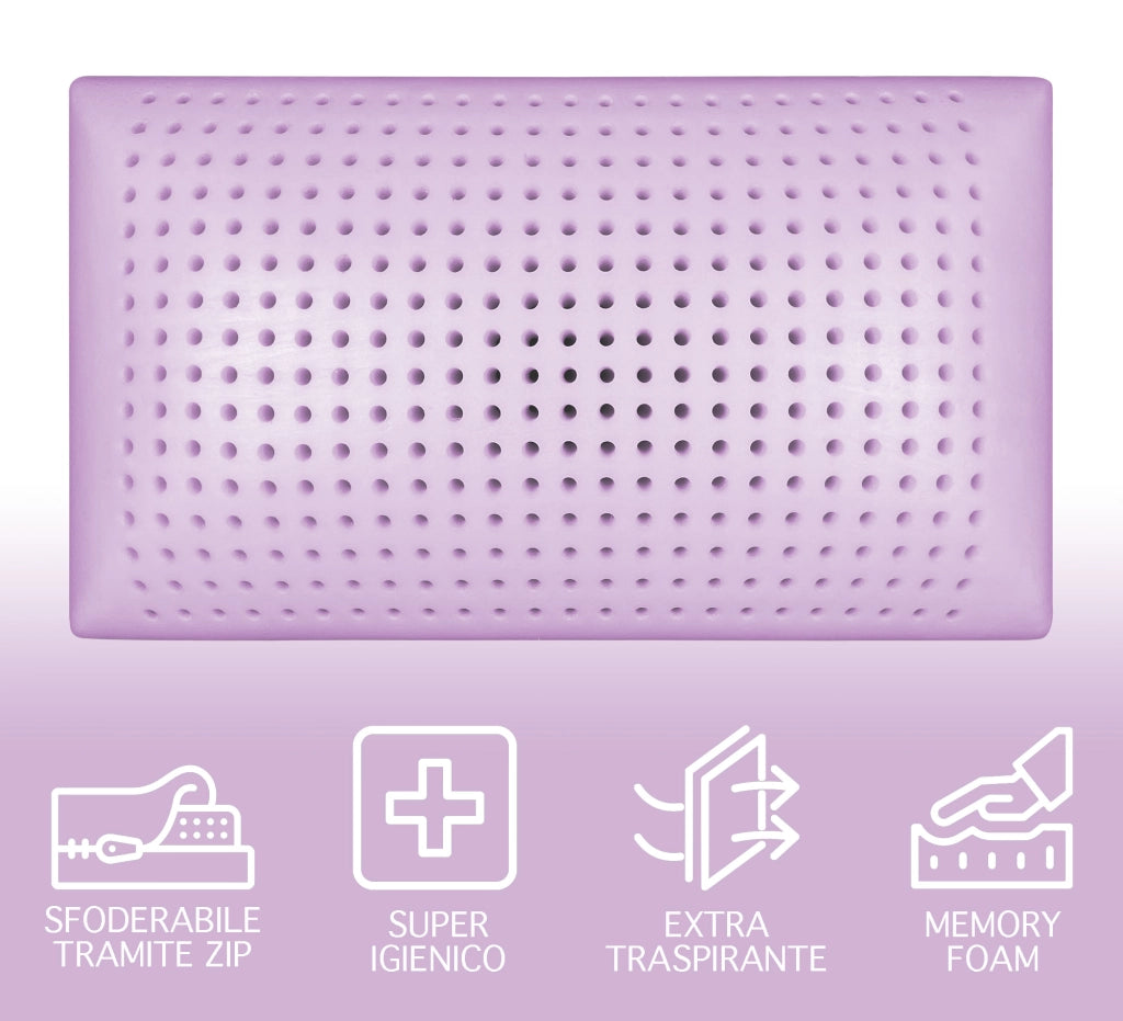 Guanciale Anatomico Aloe Vera Memo Cuscino Letto Saponetta Traspirante Memory Foam Anallergico Prodotto Italiano - Lavanda- 2 Cuscini