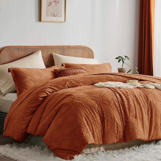 Set di coperte bohemien, 155 x 220 cm, con decorazione a maglia, caramello, set di coperte, stile chic geometrico, microfibra lavabile, coperte reversibili, 1 coperta con chiusura a zip, 1 cuscino con copertura.