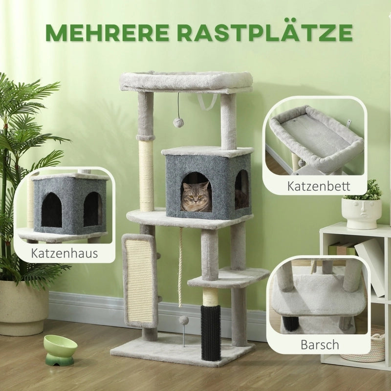 Tiragraffi per gatti da 132 cm con pali per graffiare, cuccia, casetta, piattaforme per saltare e spazzola per la toelettatura, colore grigio chiaro.