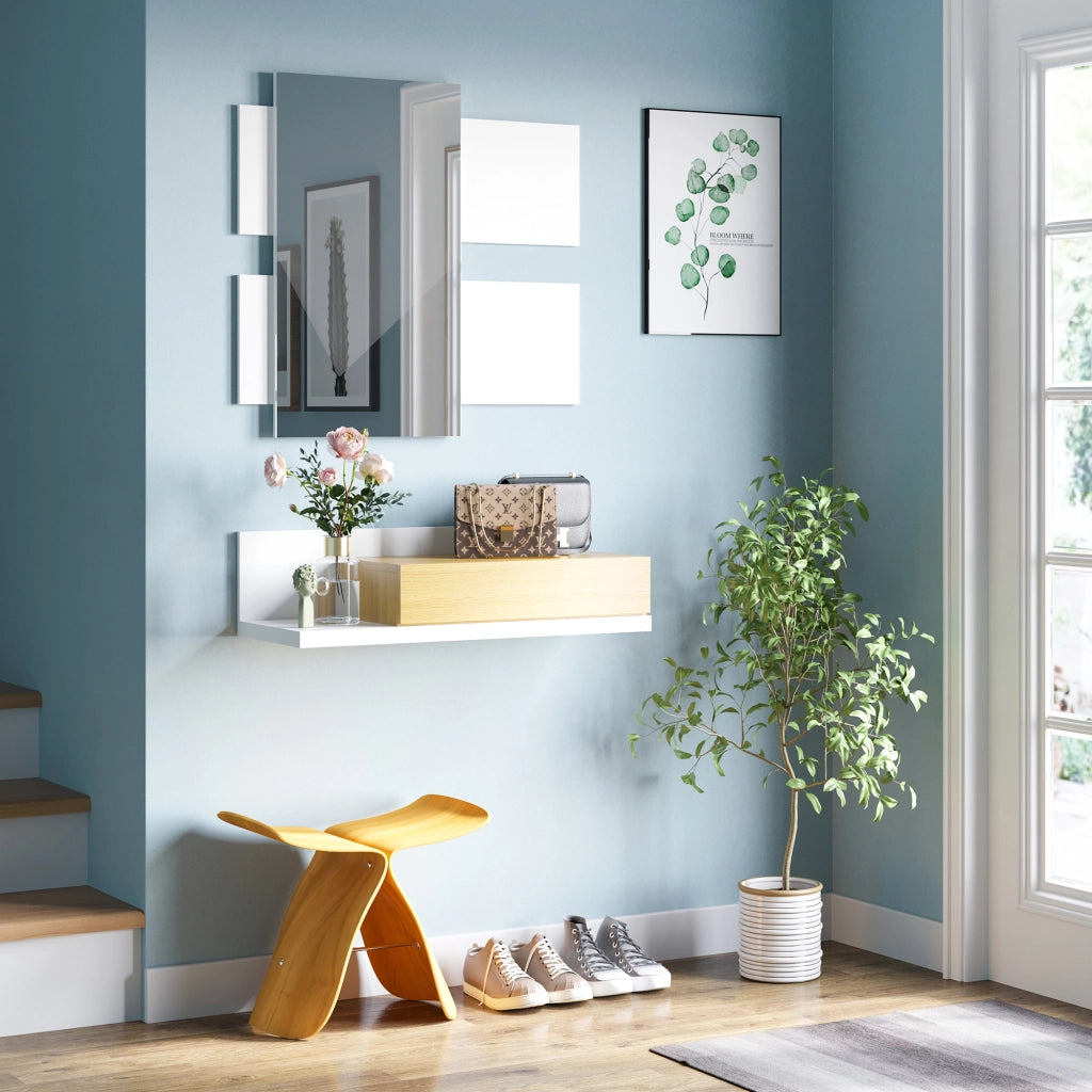 Set di Mobili da Ingresso con Specchio e Cassetto, Arredamento Moderno in Legno con Specchiera 40x70cm, Fissaggio a Muro