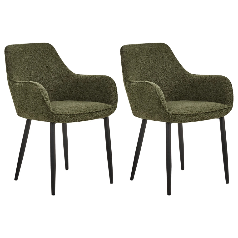 Set di 2 sedie da pranzo in tessuto bouclè verde scuro braccioli schienale intagliato gambe in metallo moderna industriale