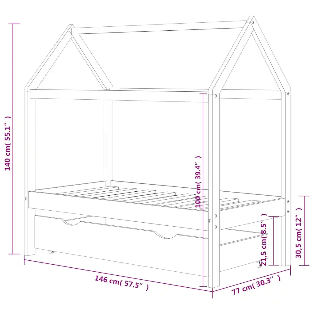 Giroletto Bambini Cassetto-Struttura Letto Bambini Grigio Scuro Pino Massello 70x140 cm