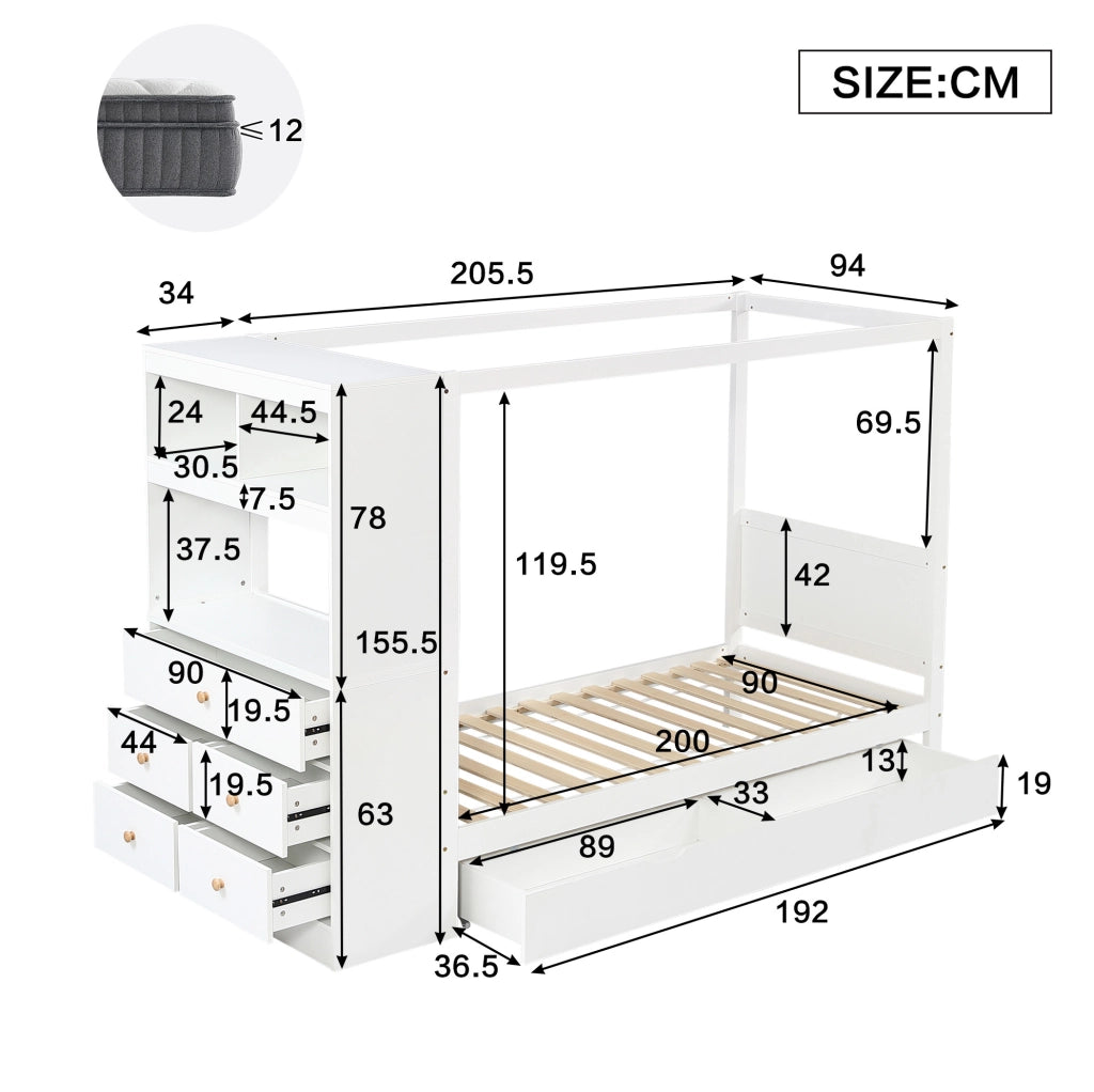 Letto singolo per bambini con sponda; armadio laterale e 5 cassetti; 90x200 cm; bianco