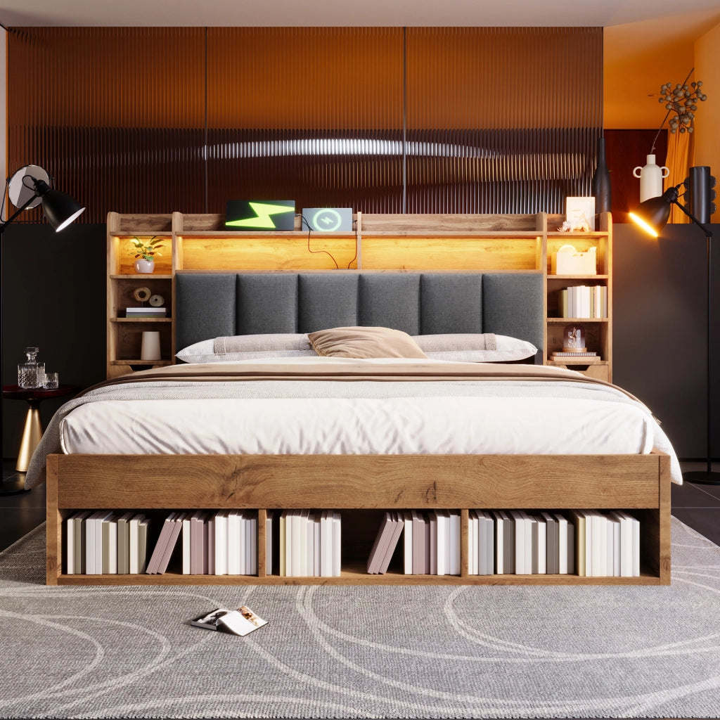 DESMIU Litto Combinato 160 × 200 cm 2 posti con LED, USB, Type-C, vano contenitore e cassetti, senza materasso, in legno, rovere
