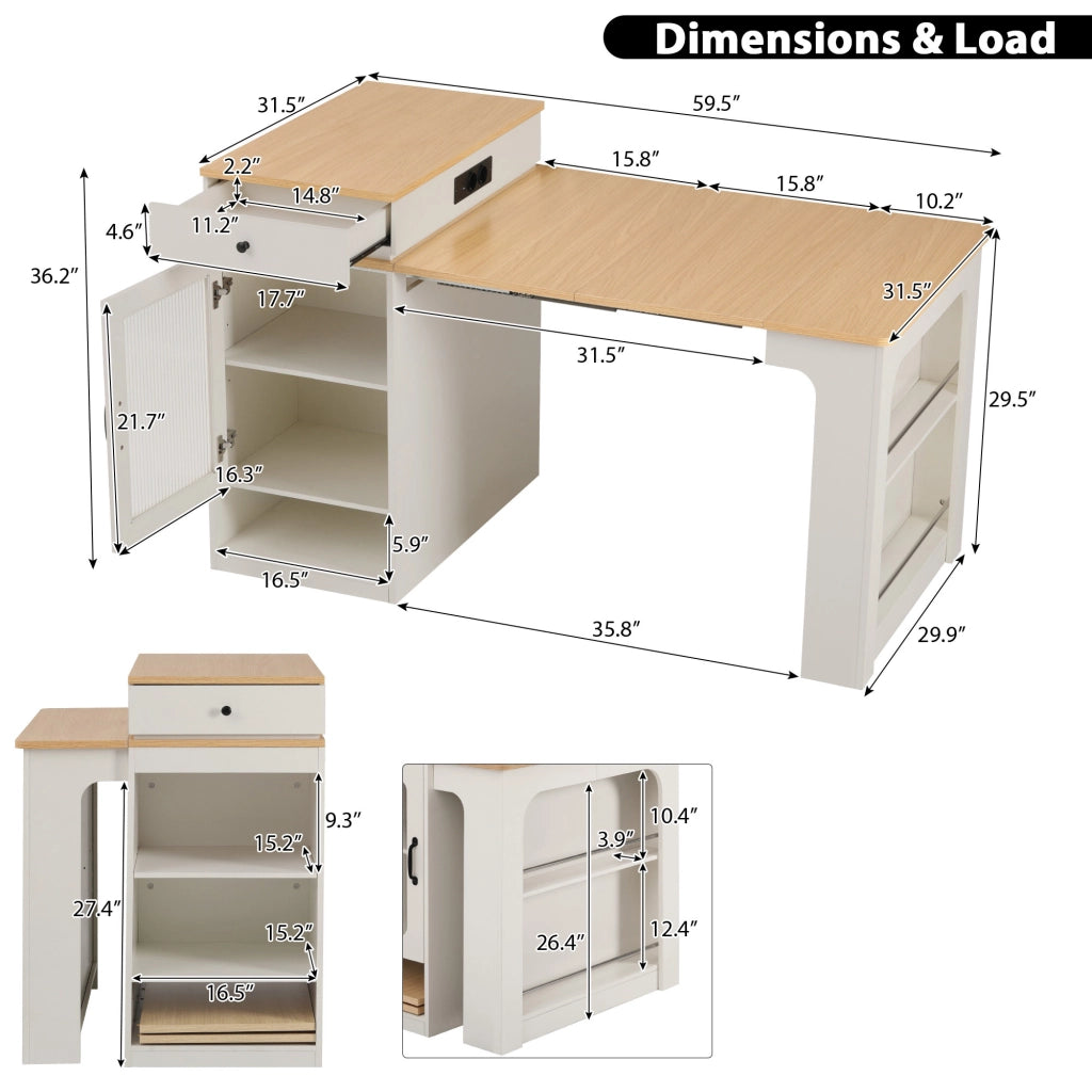 Tavolo allungabile con cassetto, vani contenitore e prese integrate per cucina e sala da pranzo, bianco e naturale