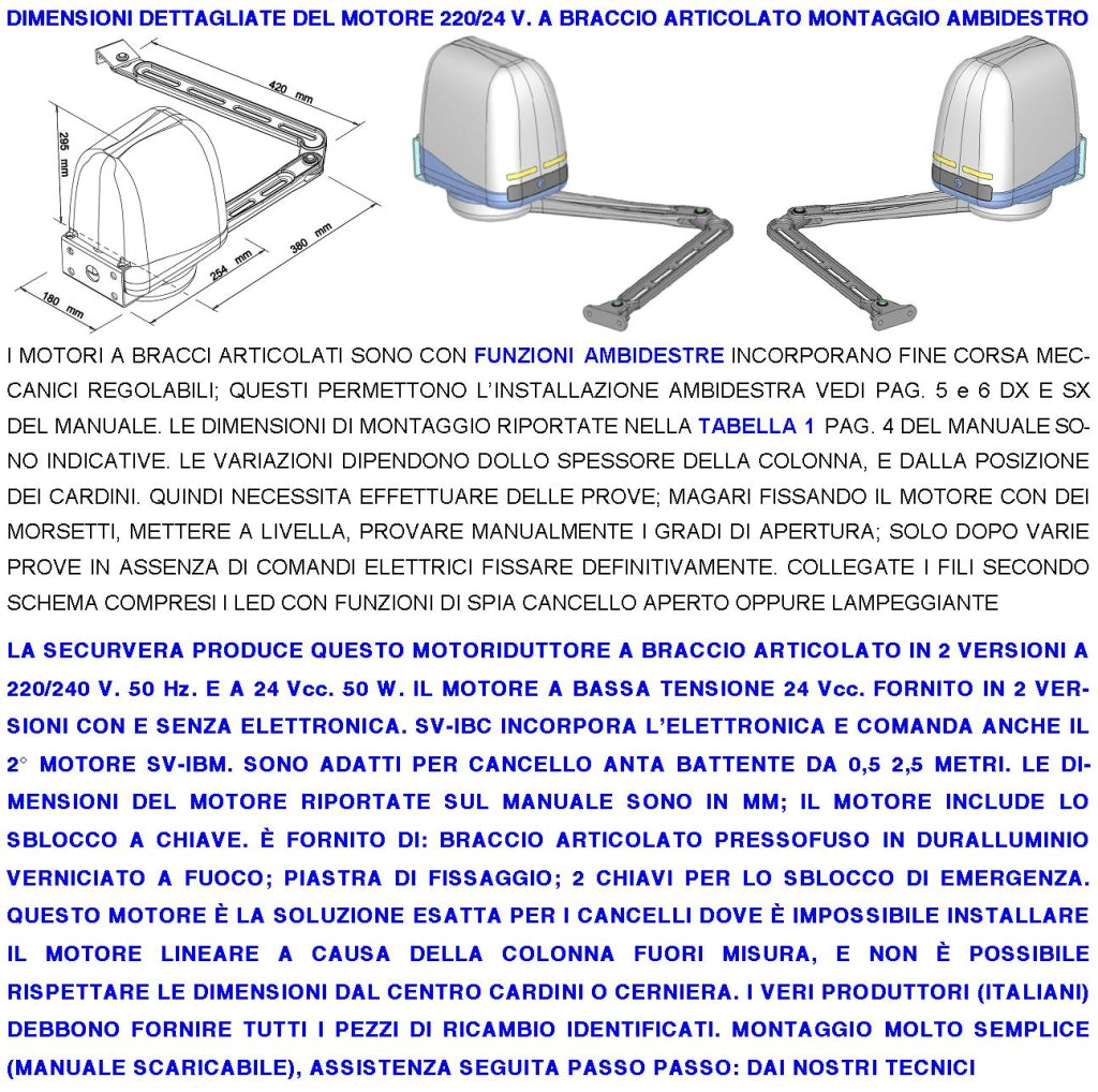 Motori Cancello Elettrico 220 V Braccio Articolato Ricambio Cancello Automatico 5 MT 2 Ante Battenti da 0,5 Fino a 2,5 Metri Centrale Radiocomando Fotocellule