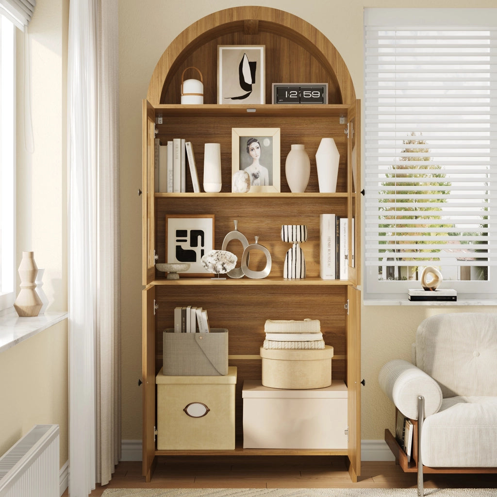Credenza Alta con 2 Ante in Vetro e 2 Ante; Motivo Ondulato; Stile Moderno; in Pannelli; 78×40×176 cm; Naturale