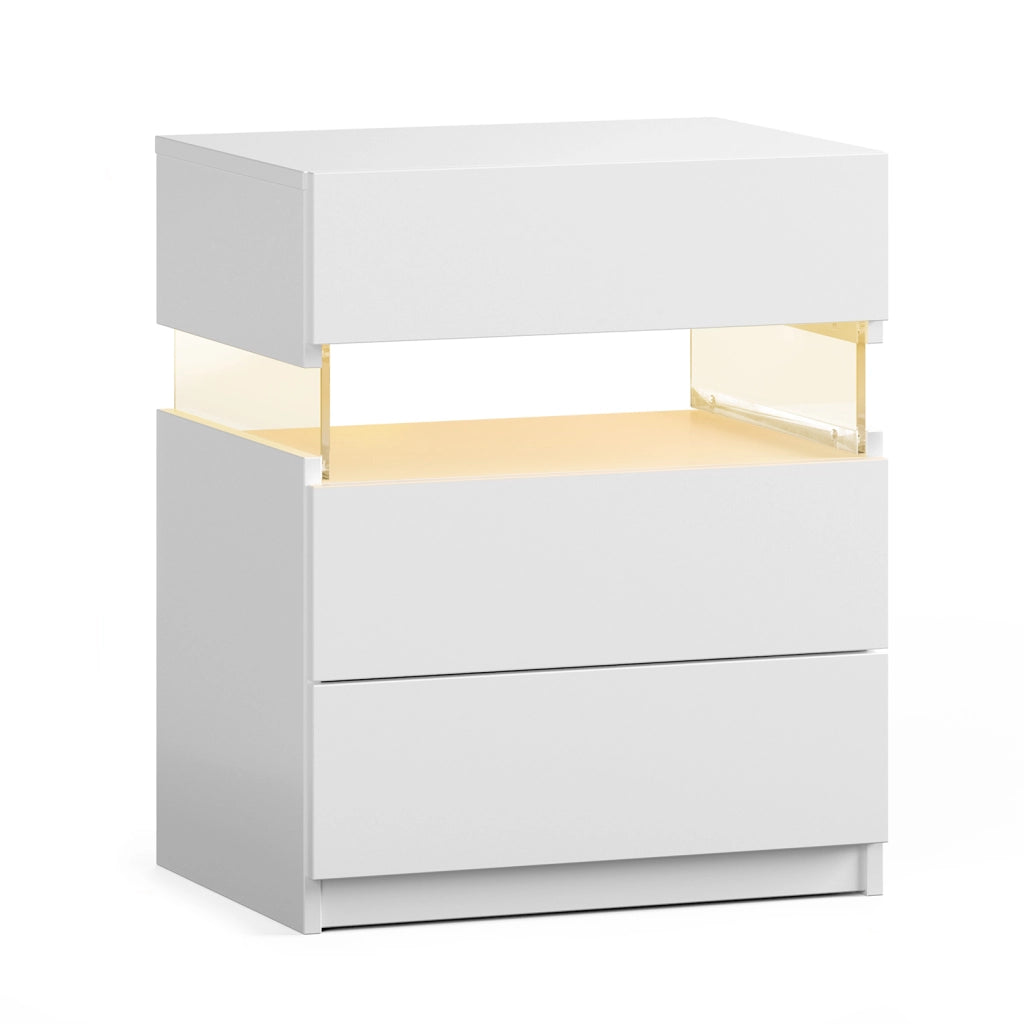 COMODINO con LED e 3 cassetti Bianco in pannello di legno