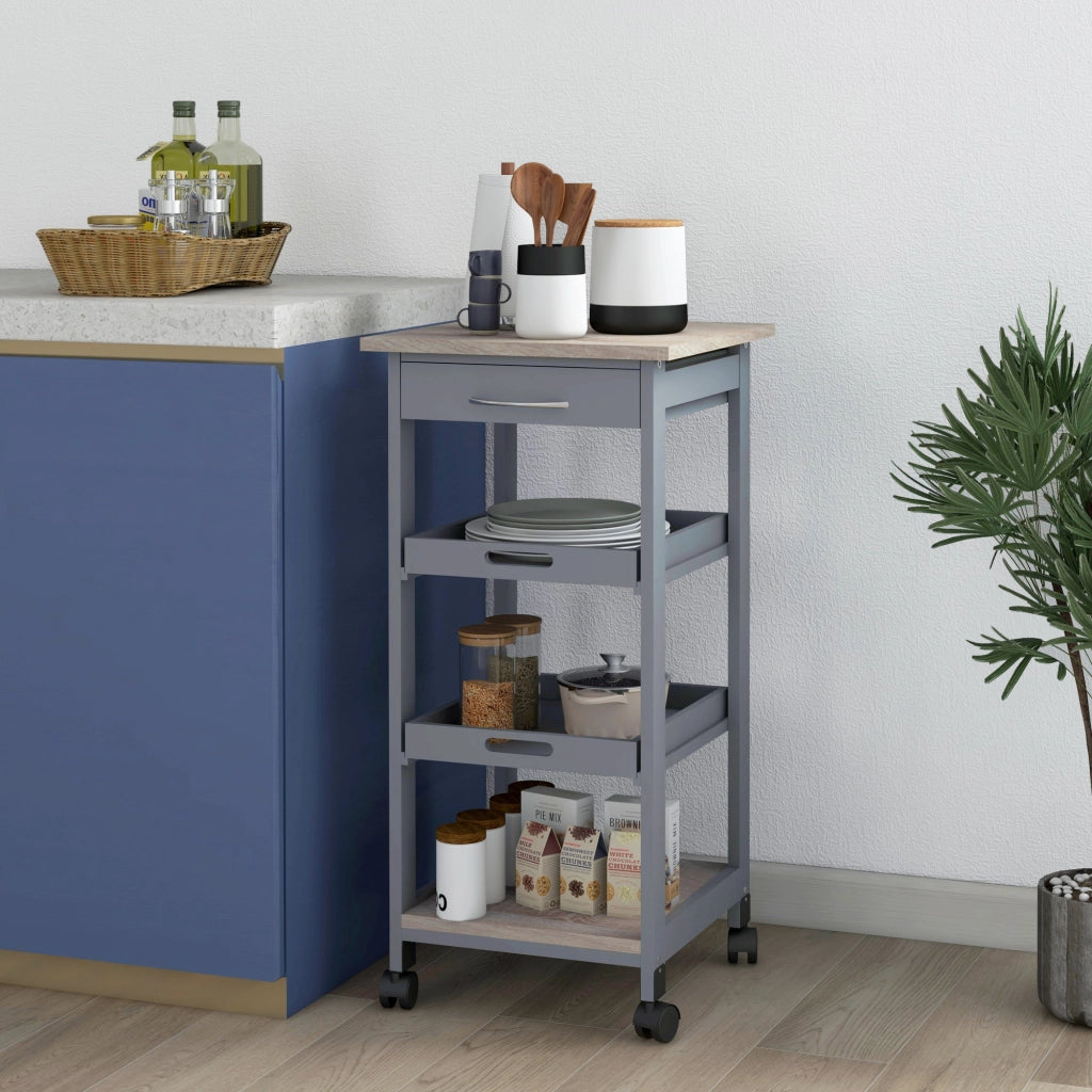 Tavolino da caff¨¨ con ruote e ripiani ¨C Minimal ¨C legno quercia chiaro