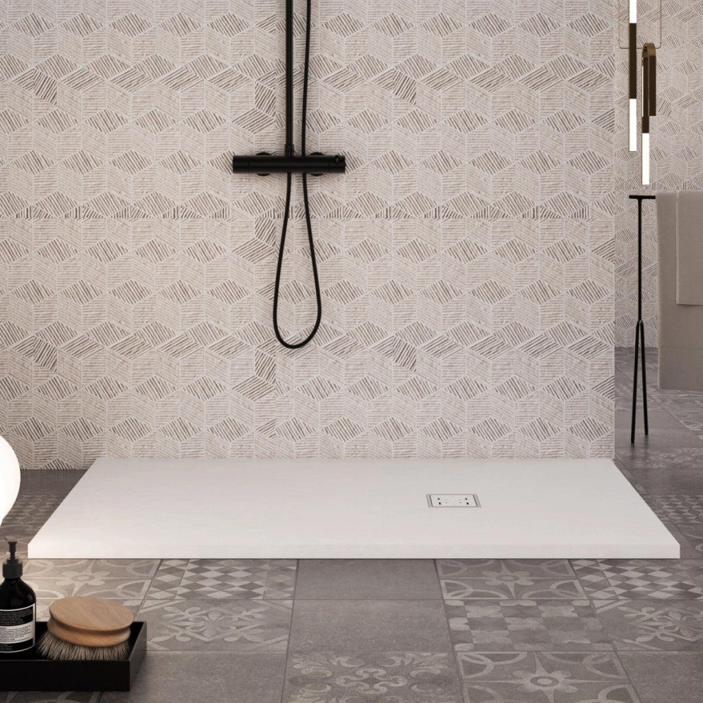Piatto doccia in marmoresina bianco effetto pietra cemento passion, misura 75x130