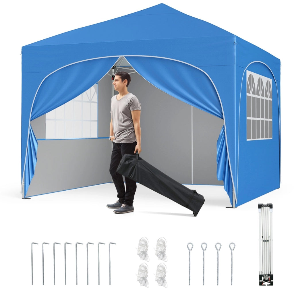 Tenda gazebo richiudibile con 4 pareti rimovibili 3x3 m borsa con ruote, Riparo sole da spiaggia pieghevole Blu