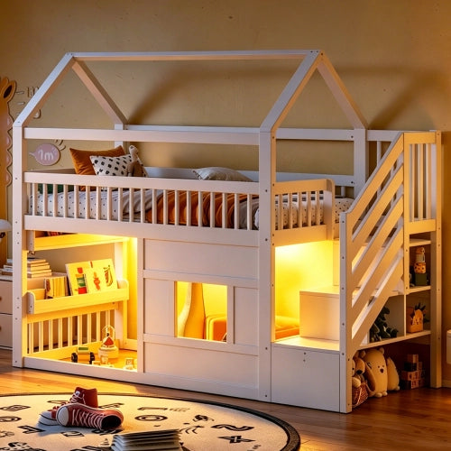 Letto a soppalco a casetta 90x200 cm LEMONMAX per bambini, con scala contenitore, finestra e LED, spazio gioco e lettura