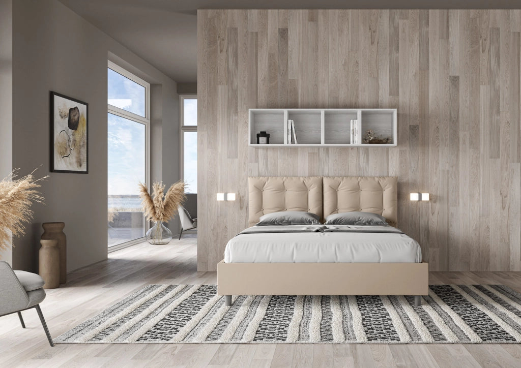 BS COM Letto matrimoniale con rete imbottito 160x210 similpelle tortora
