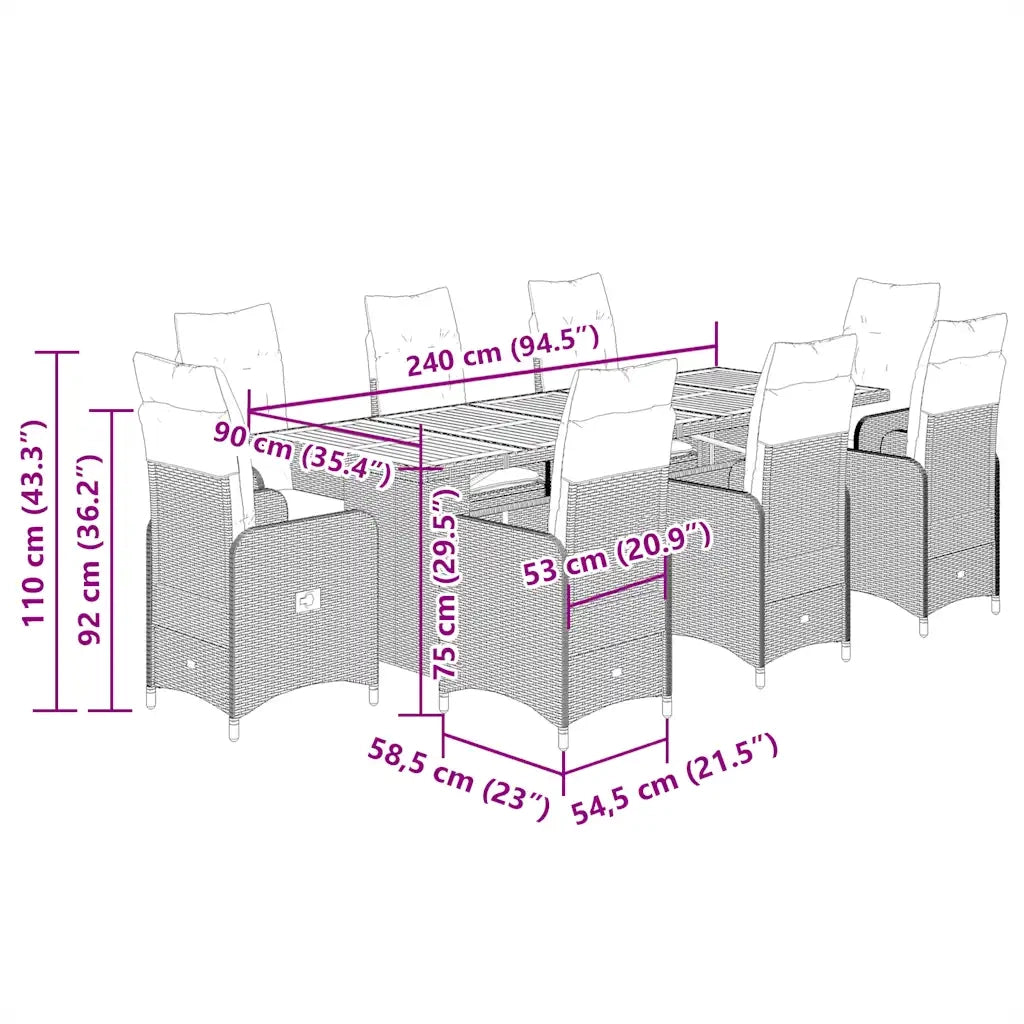 Set Bistrò da Giardino 9 pz con Cuscini in Polyrattan Grigio 3277277