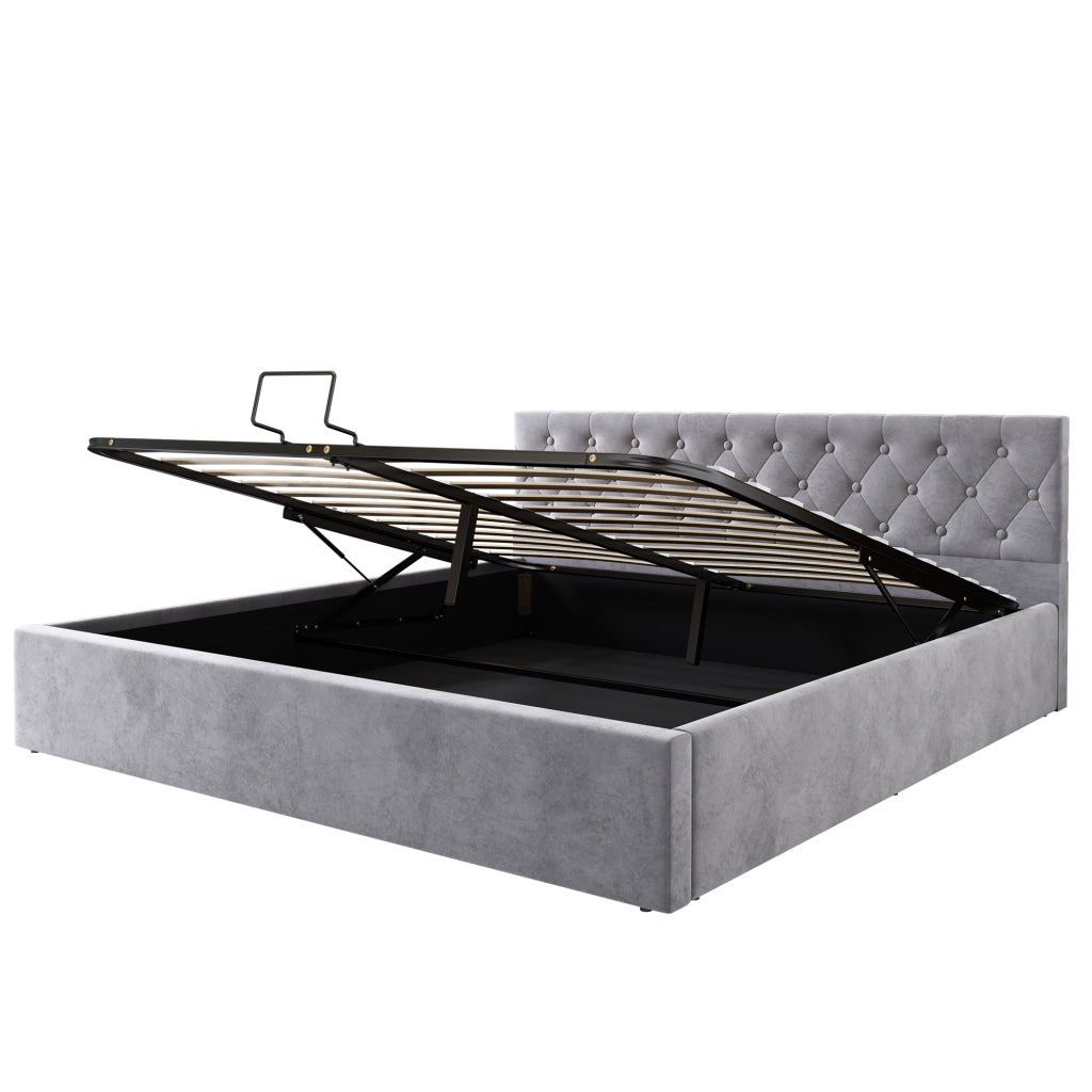 Letto matrimoniale imbottito in velluto grigio 180x200 cm con testiera trapuntata, rete a doghe e contenitore idraulico