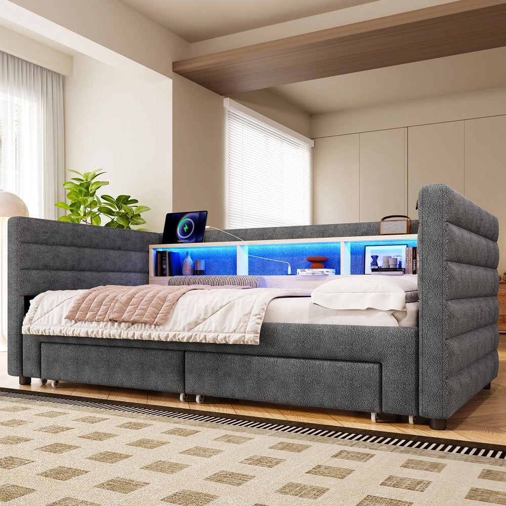 Letto Singolo Contenitore con LED ¨C MINIMAL ¨C Velluto Grigio, 90x190, USB, Cassetti