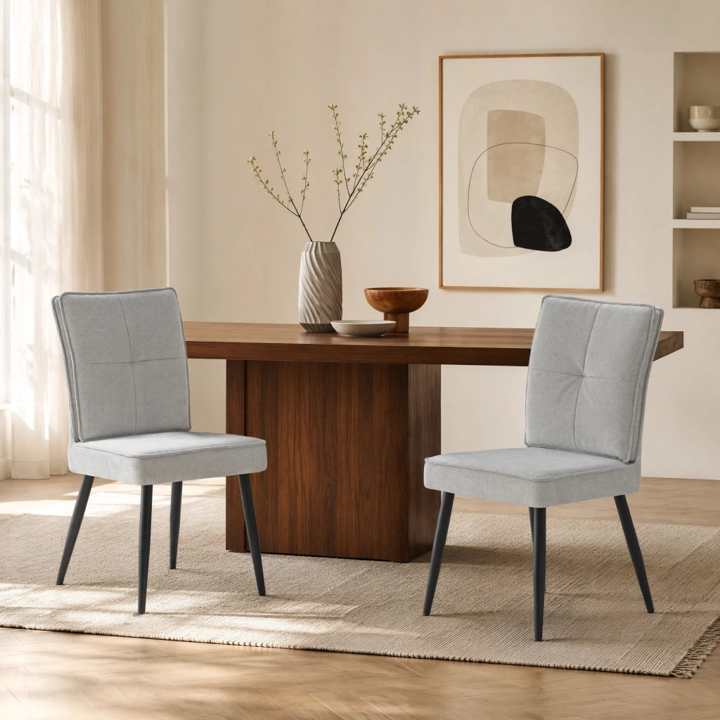 Set di 2 sedie da pranzo in tessuto con motivo pied-de-poule, gambe in metallo, colore grigio chiaro