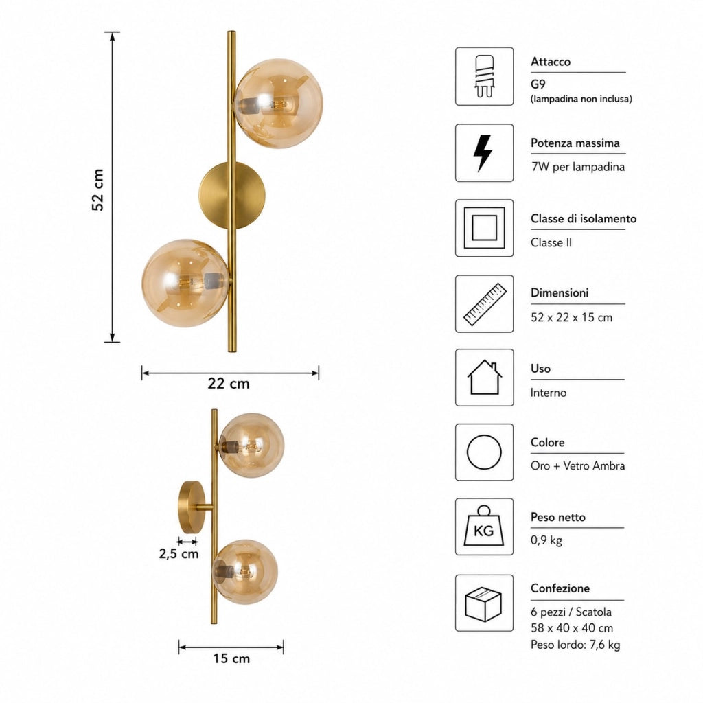 Applique lampada da parete finitura oro con 2 sfere trasparenti colore ambra doppio attacco lampadine G9