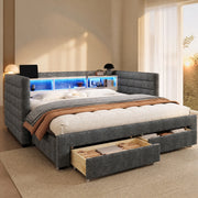 LETTO estraibile 90x190 cm in velluto grigio con LED, 2 cassetti e USB/Type-C