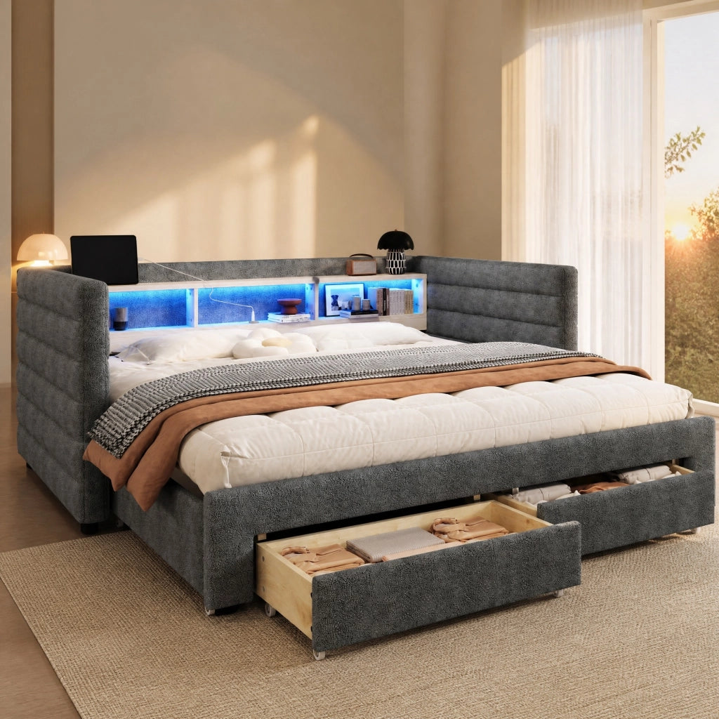 LETTO estraibile 90x190 cm in velluto grigio con LED, 2 cassetti e USB/Type-C