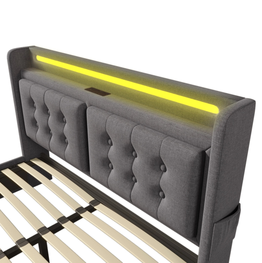 Letto matrimoniale imbottito 140x200 cm in cotone e lino grigio con LED e USB