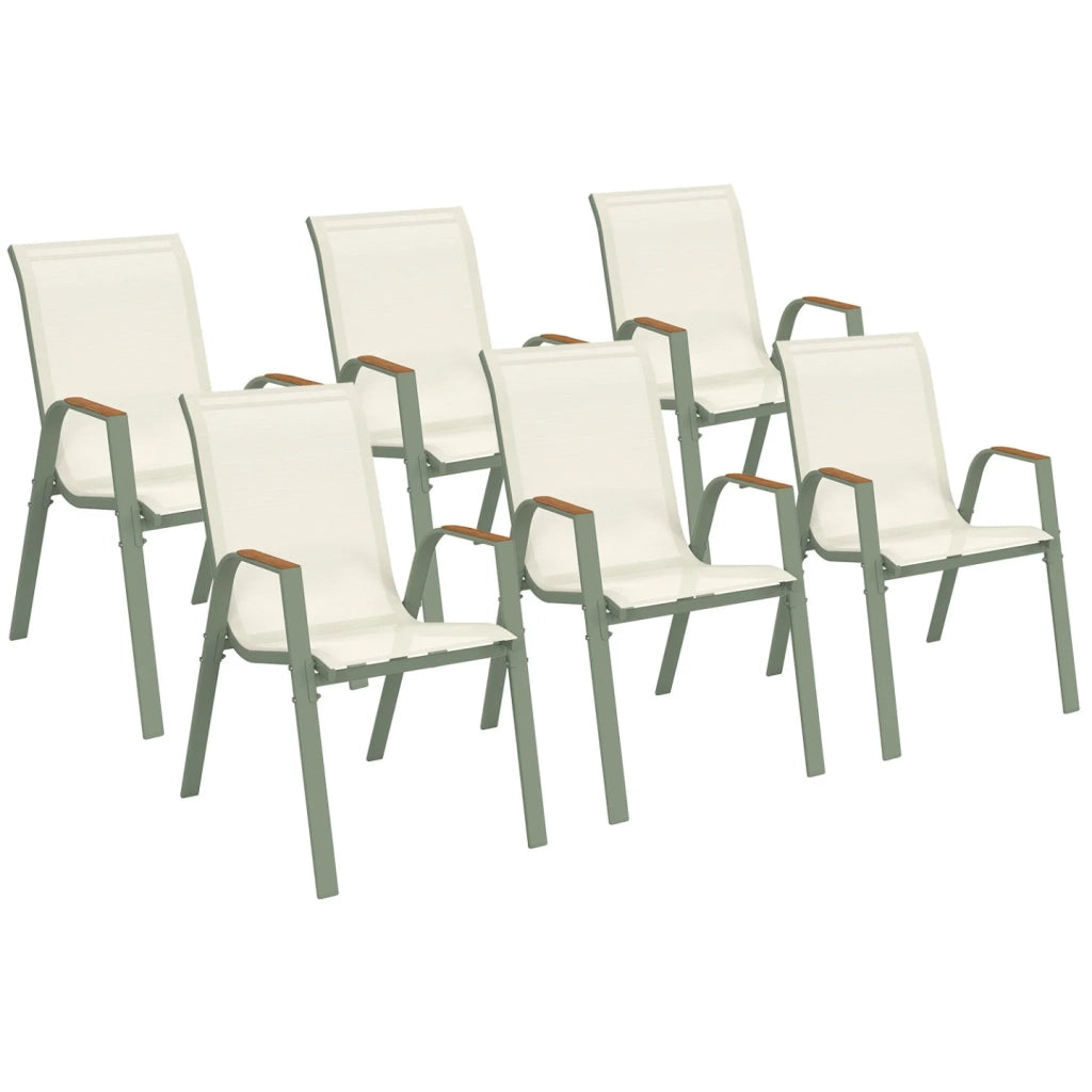 IDMarket - Set di 6 sedie da giardino impilabili NOUMEA in metallo e textilene, verde e legno