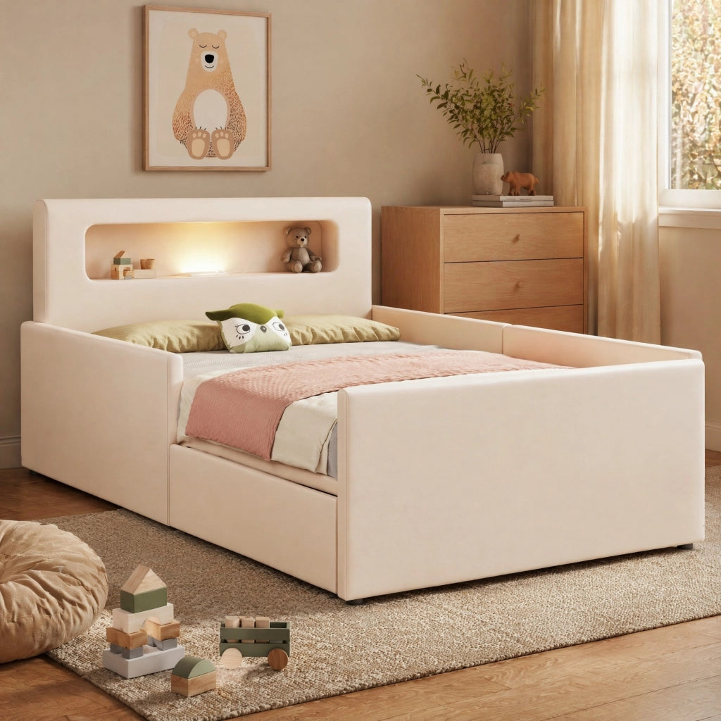 LETTO per bambini 90x200 cm beige in similpelle con USB, luce notturna e cassetti